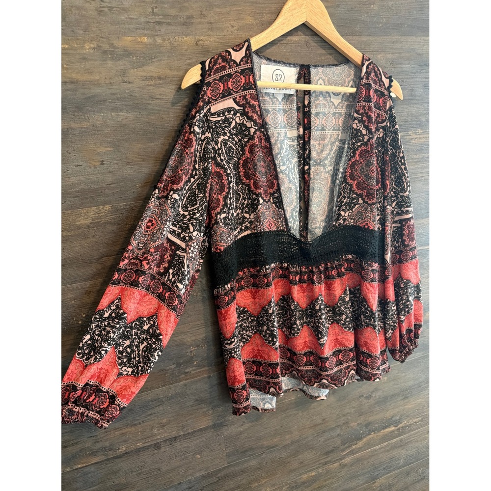 Sloane Rouge Red Black Paisley Cold Shoulder Lace Waist Boho Blouse Top